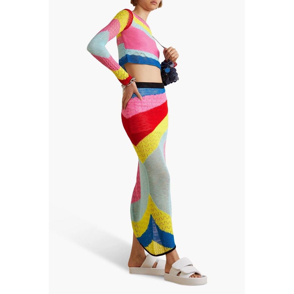 Staud Centre Rainbow Crochet Midi Skirt Medium Multicolor Asymmetric Knit Sheer